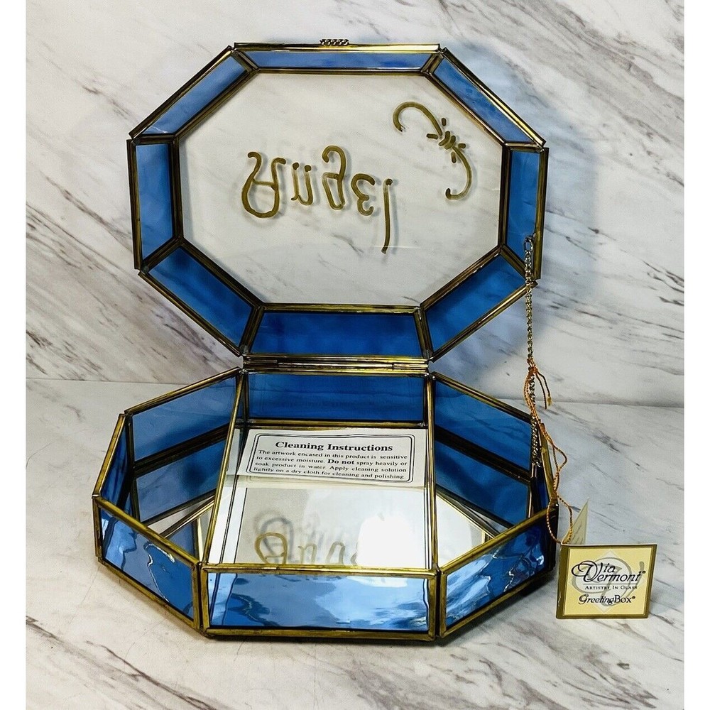 VTg Handcrafted Blue Glass Box Jewelry With MIRROR BASE NEW   8”x6”x3”